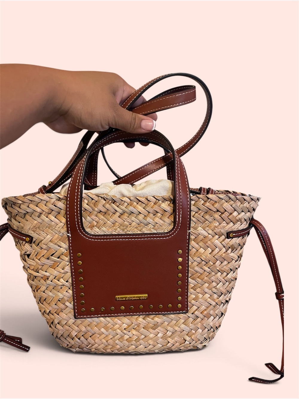 House of Harlow 1960 Woven Straw Tote with Brown Leather Trim